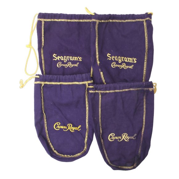 Vintage Crown Royal Seagram's Fabric Bags Felt Drawstring Purple Yellow Soft x 4 - Picture 1 of 5
